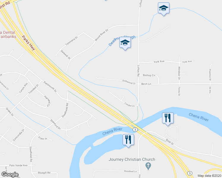map of restaurants, bars, coffee shops, grocery stores, and more near 4355 Driftwood Court in Fairbanks