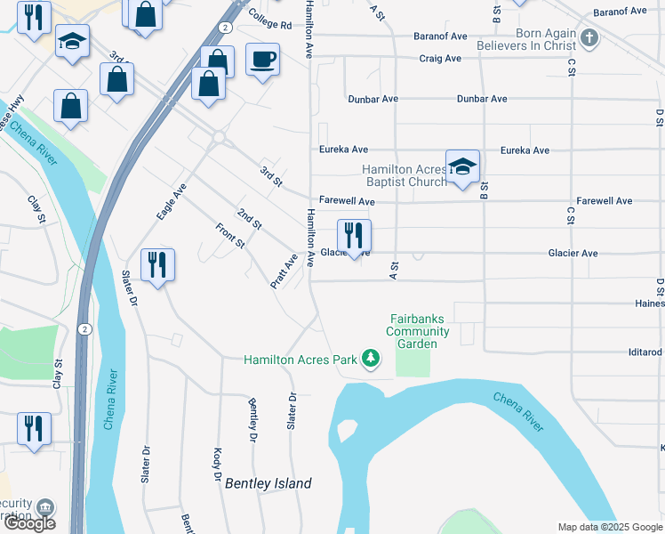 map of restaurants, bars, coffee shops, grocery stores, and more near 15 Glacier Ave in Fairbanks