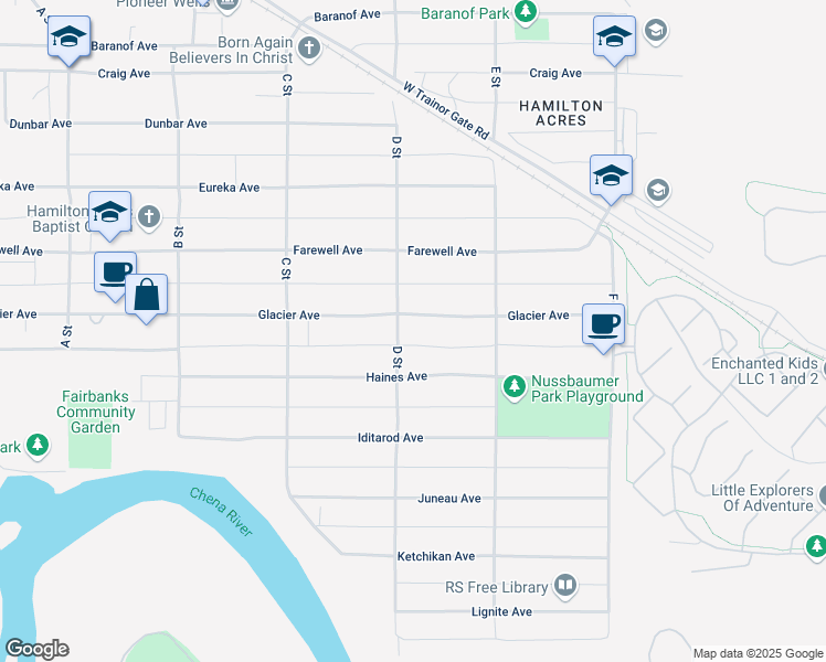 map of restaurants, bars, coffee shops, grocery stores, and more near 401 Glacier Avenue in Fairbanks