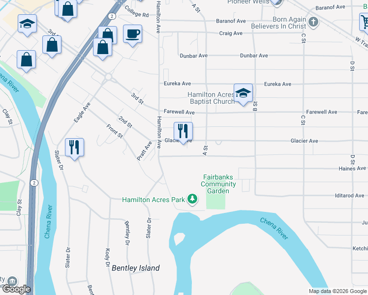 map of restaurants, bars, coffee shops, grocery stores, and more near 29 Glacier Avenue in Fairbanks