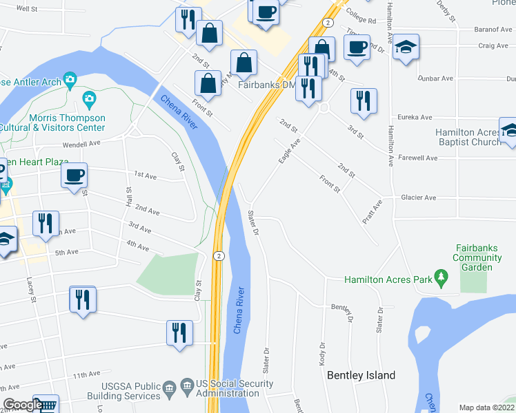 map of restaurants, bars, coffee shops, grocery stores, and more near 73 Slater Drive in Fairbanks