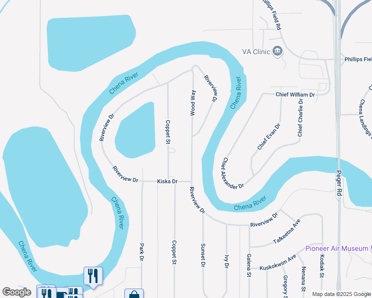 map of restaurants, bars, coffee shops, grocery stores, and more near 3021 Riverview Drive in Fairbanks