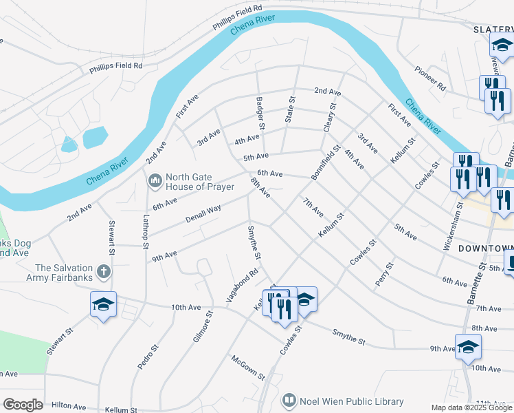 map of restaurants, bars, coffee shops, grocery stores, and more near 1104 Smythe Street in Fairbanks