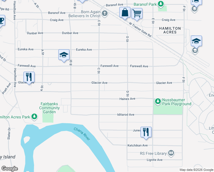 map of restaurants, bars, coffee shops, grocery stores, and more near 333 Glacier Avenue in Fairbanks