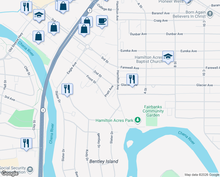 map of restaurants, bars, coffee shops, grocery stores, and more near 626 2nd Street in Fairbanks