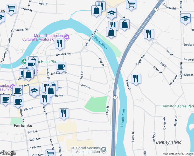 map of restaurants, bars, coffee shops, grocery stores, and more near 126 2nd Avenue in Fairbanks