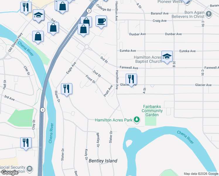 map of restaurants, bars, coffee shops, grocery stores, and more near 626 2nd Street in Fairbanks