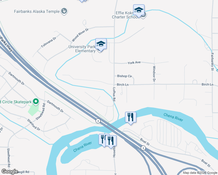 map of restaurants, bars, coffee shops, grocery stores, and more near 4305 Driftwood Court in Fairbanks