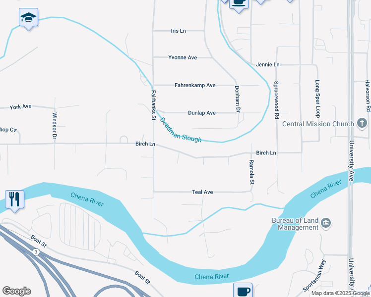 map of restaurants, bars, coffee shops, grocery stores, and more near 4064 Birch Lane in Fairbanks