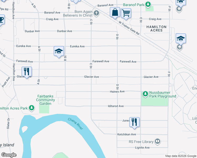 map of restaurants, bars, coffee shops, grocery stores, and more near 333 Glacier Avenue in Fairbanks
