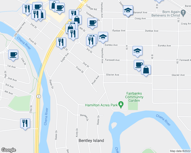map of restaurants, bars, coffee shops, grocery stores, and more near 150 Pratt Avenue in Fairbanks