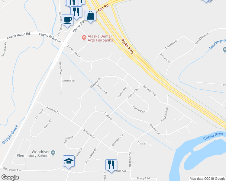map of restaurants, bars, coffee shops, grocery stores, and more near 147 Kelsan Way in Fairbanks