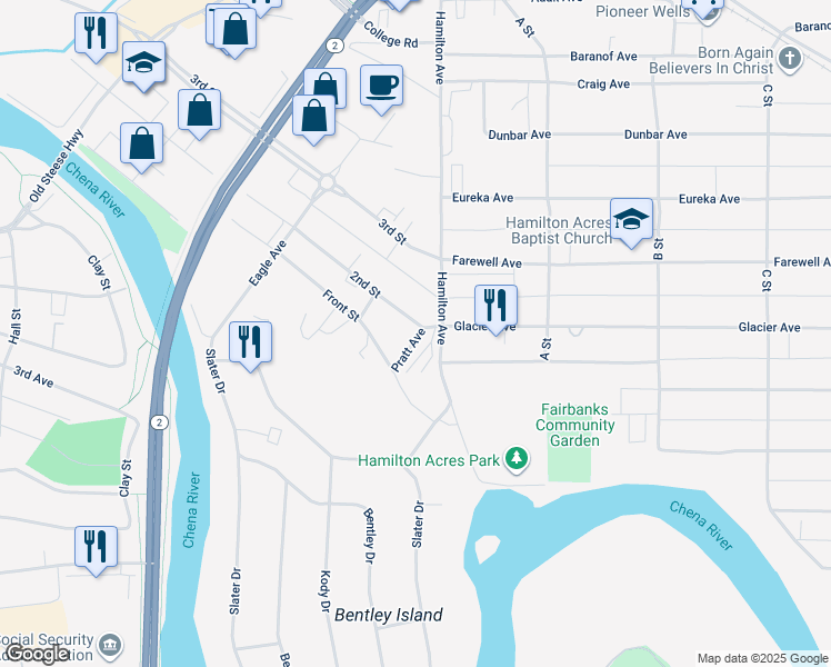 map of restaurants, bars, coffee shops, grocery stores, and more near 626 2nd Street in Fairbanks