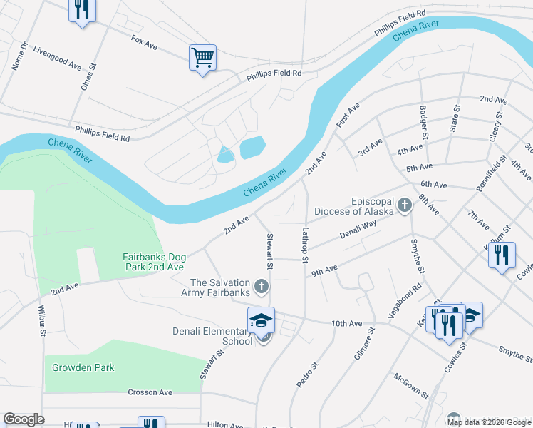 map of restaurants, bars, coffee shops, grocery stores, and more near 1800 2nd Avenue in Fairbanks