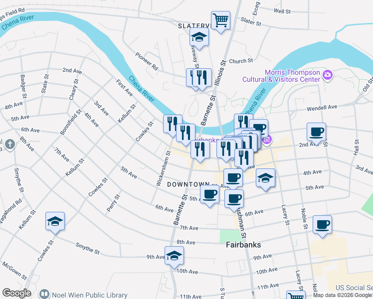 map of restaurants, bars, coffee shops, grocery stores, and more near 706 2nd Avenue in Fairbanks
