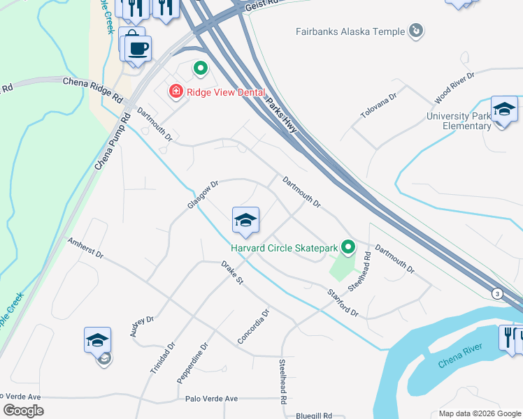 map of restaurants, bars, coffee shops, grocery stores, and more near 124 Carlyle Way in Fairbanks