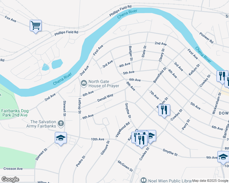 map of restaurants, bars, coffee shops, grocery stores, and more near 1208 Denali Way in Fairbanks