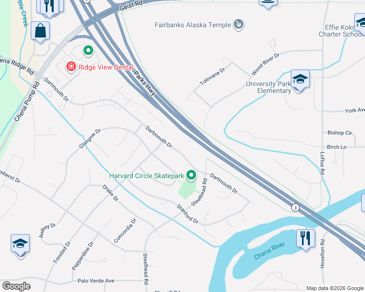 map of restaurants, bars, coffee shops, grocery stores, and more near 4548 Dartmouth Drive in Fairbanks