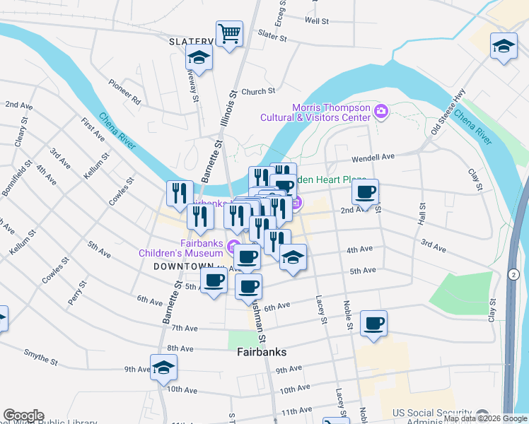 map of restaurants, bars, coffee shops, grocery stores, and more near 516 1st Avenue in Fairbanks