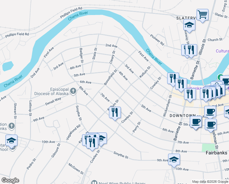 map of restaurants, bars, coffee shops, grocery stores, and more near 1016 7th Avenue in Fairbanks