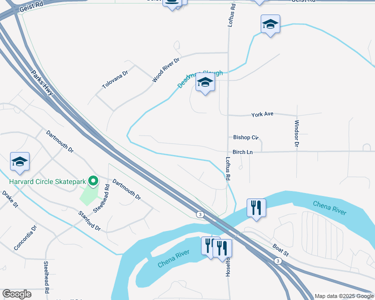 map of restaurants, bars, coffee shops, grocery stores, and more near 4355 Driftwood Court in Fairbanks