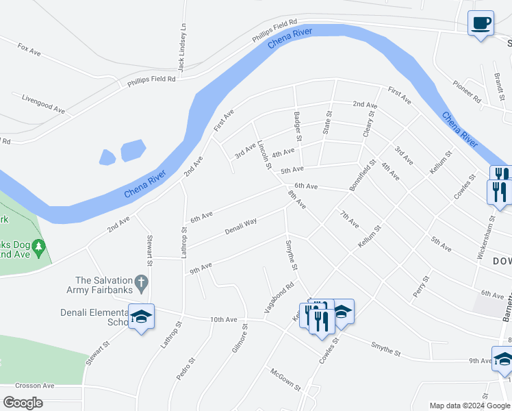 map of restaurants, bars, coffee shops, grocery stores, and more near 1337 6th Avenue in Fairbanks