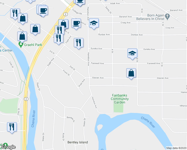 map of restaurants, bars, coffee shops, grocery stores, and more near 15 Glacier Avenue in Fairbanks