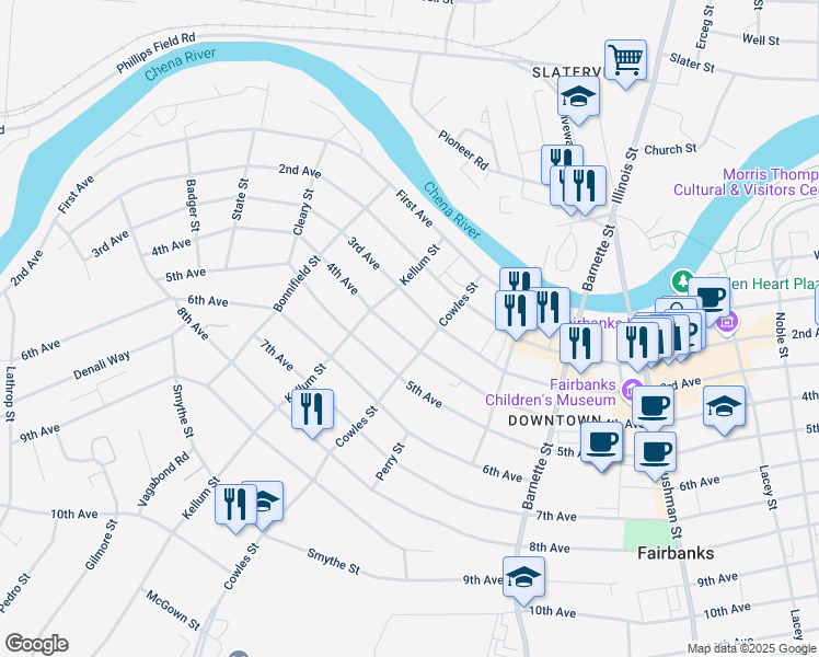 map of restaurants, bars, coffee shops, grocery stores, and more near 402 Cowles Street in Fairbanks