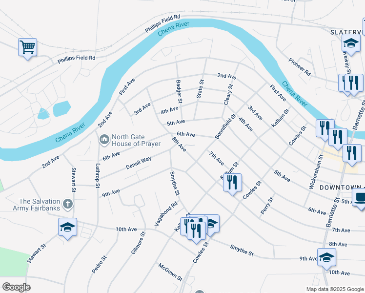 map of restaurants, bars, coffee shops, grocery stores, and more near 18 8th Avenue in Fairbanks