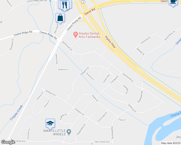map of restaurants, bars, coffee shops, grocery stores, and more near 163 Syracuse Court in Fairbanks