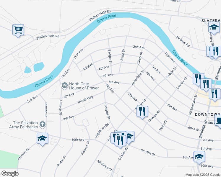 map of restaurants, bars, coffee shops, grocery stores, and more near 1104 Smythe Street in Fairbanks