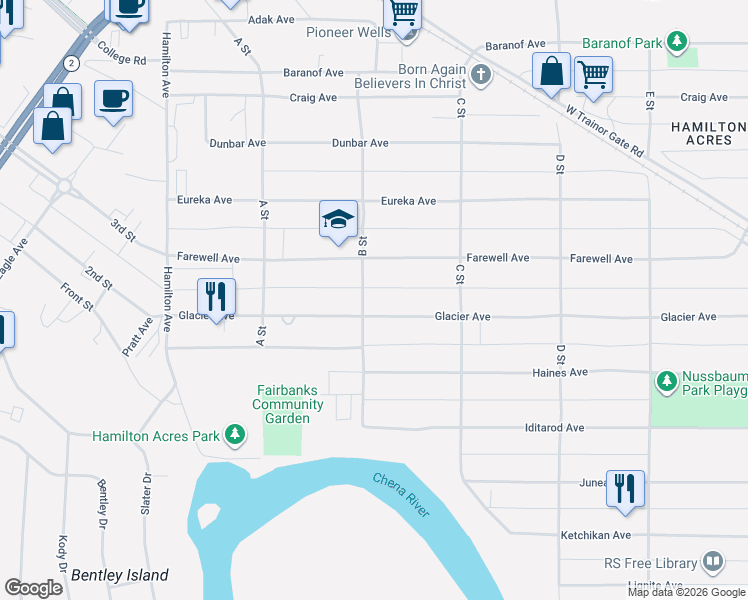 map of restaurants, bars, coffee shops, grocery stores, and more near 200 Glacier Avenue in Fairbanks