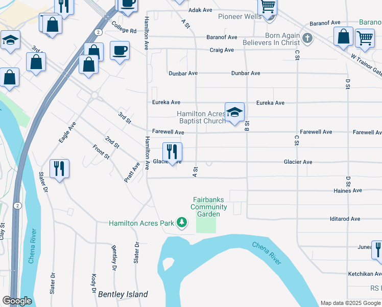 map of restaurants, bars, coffee shops, grocery stores, and more near 95 Glacier Avenue in Fairbanks