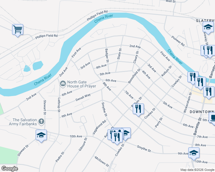 map of restaurants, bars, coffee shops, grocery stores, and more near 1104 Smythe Street in Fairbanks