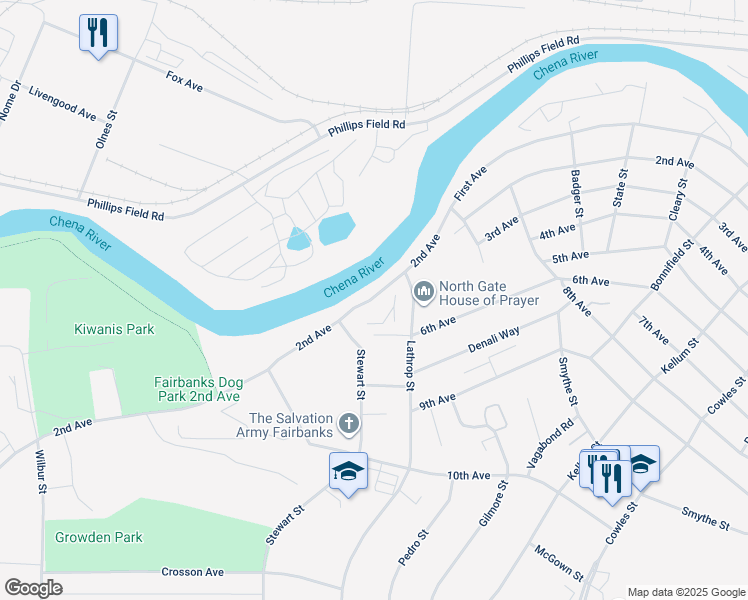 map of restaurants, bars, coffee shops, grocery stores, and more near 12 Lathrop Street in Fairbanks