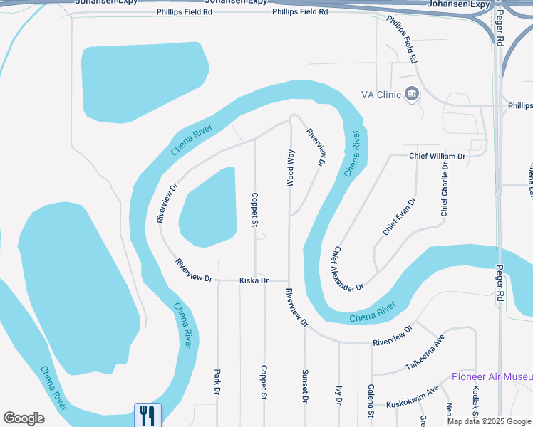 map of restaurants, bars, coffee shops, grocery stores, and more near 3021 Riverview Drive in Fairbanks