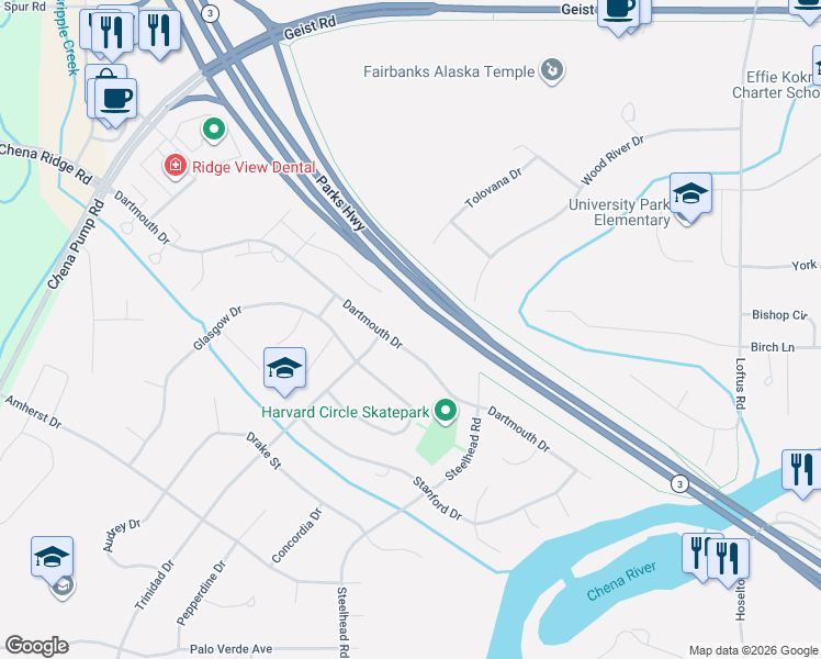 map of restaurants, bars, coffee shops, grocery stores, and more near 4548 Dartmouth Drive in Fairbanks