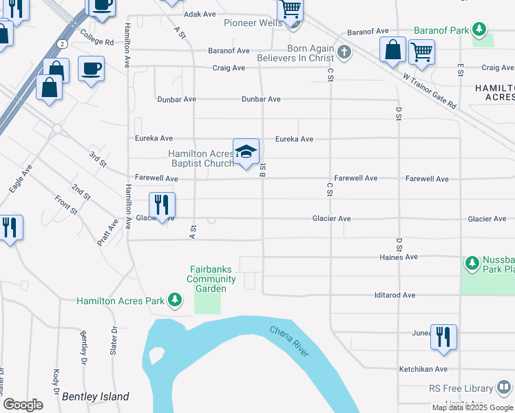 map of restaurants, bars, coffee shops, grocery stores, and more near 200 Glacier Avenue in Fairbanks