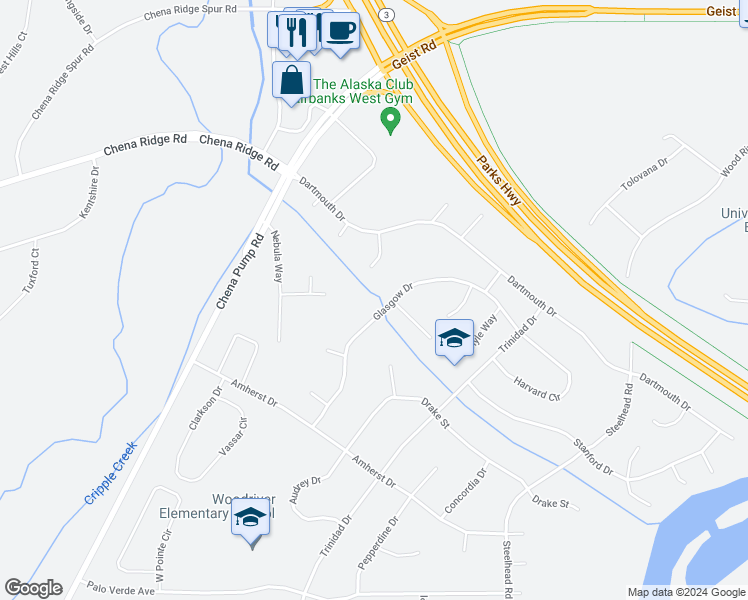 map of restaurants, bars, coffee shops, grocery stores, and more near 4798 Glasgow Drive in Fairbanks