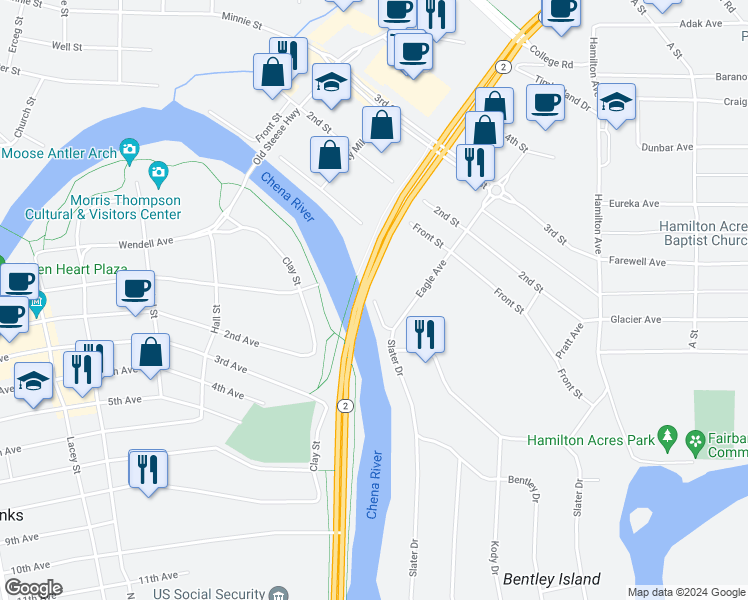 map of restaurants, bars, coffee shops, grocery stores, and more near 73 Slater Drive in Fairbanks