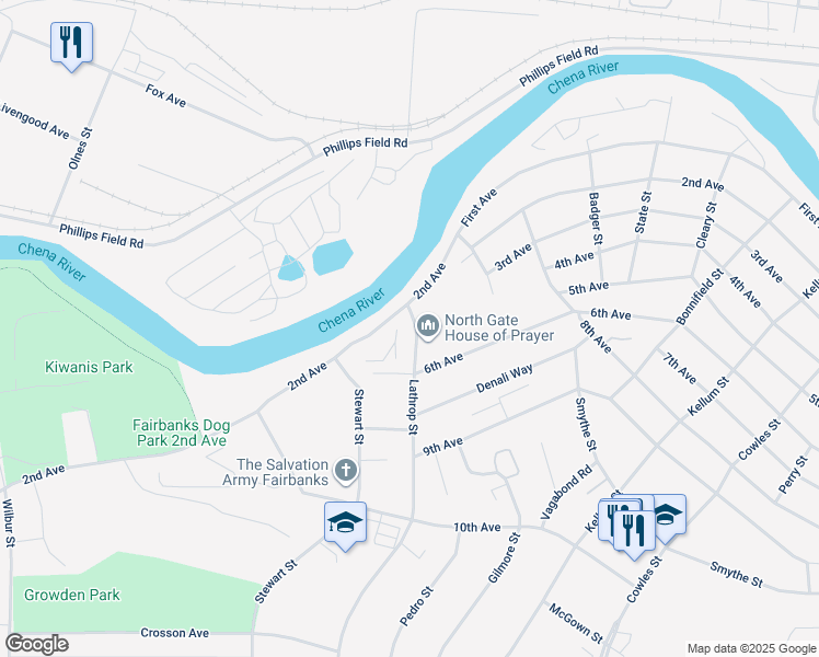 map of restaurants, bars, coffee shops, grocery stores, and more near 12 Lathrop Street in Fairbanks