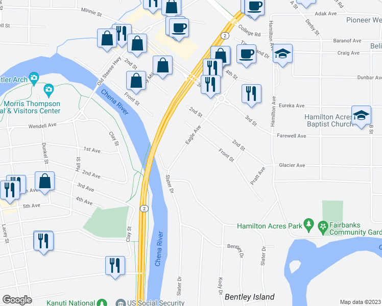 map of restaurants, bars, coffee shops, grocery stores, and more near 83 Slater Drive in Fairbanks