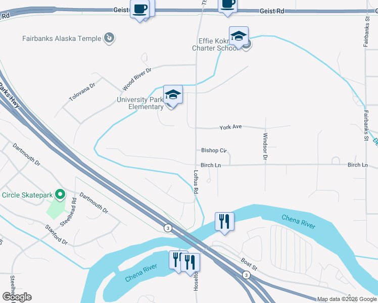 map of restaurants, bars, coffee shops, grocery stores, and more near 4305 Driftwood Court in Fairbanks