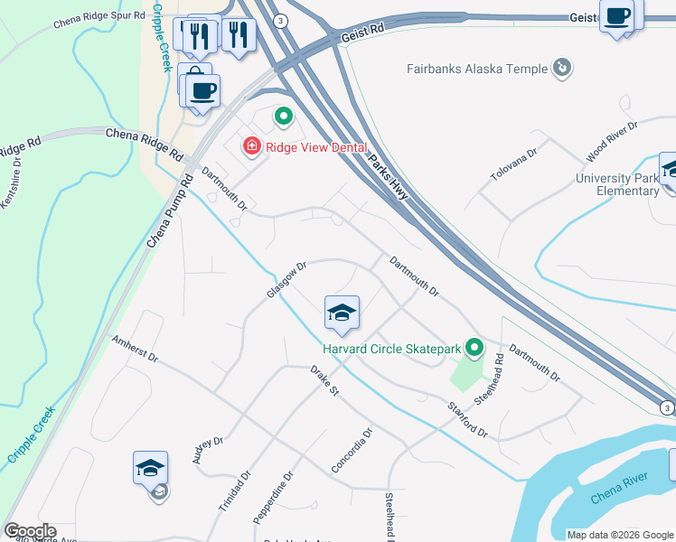 map of restaurants, bars, coffee shops, grocery stores, and more near 147 Kelsan Way in Fairbanks