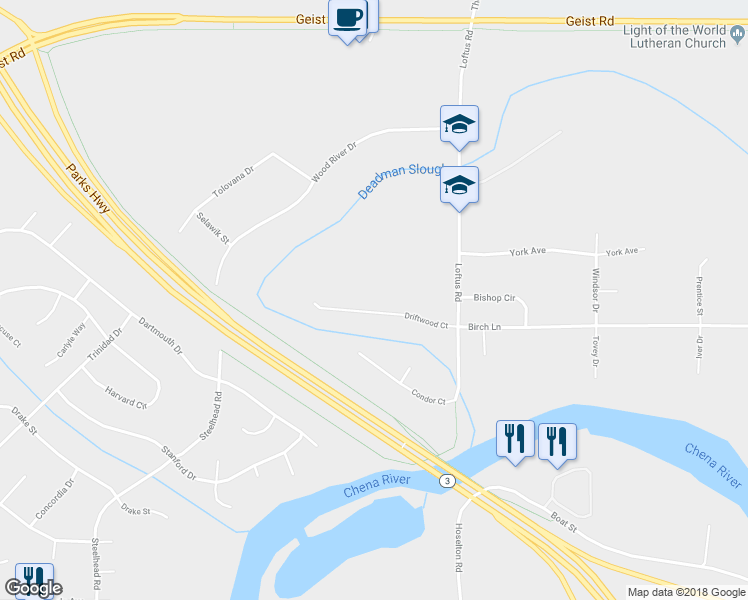 map of restaurants, bars, coffee shops, grocery stores, and more near 4360 Driftwood Court in Fairbanks