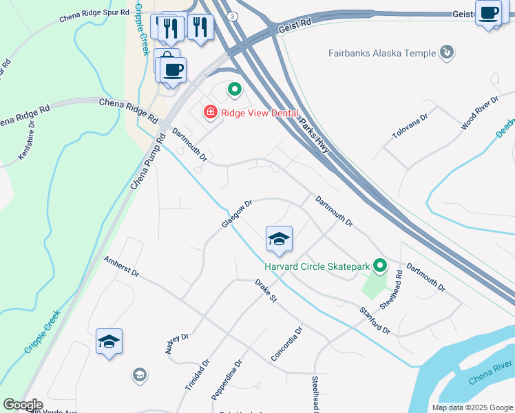map of restaurants, bars, coffee shops, grocery stores, and more near 4773 Glasgow Drive in Fairbanks