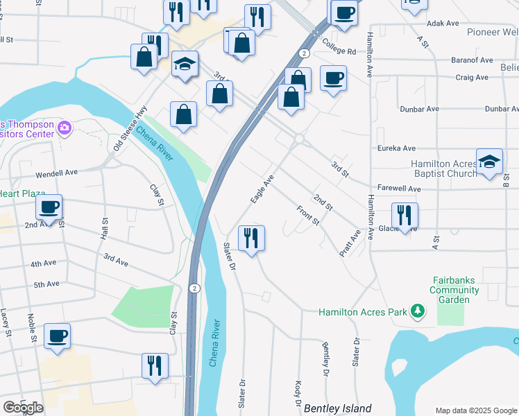 map of restaurants, bars, coffee shops, grocery stores, and more near 79 Slater Drive in Fairbanks