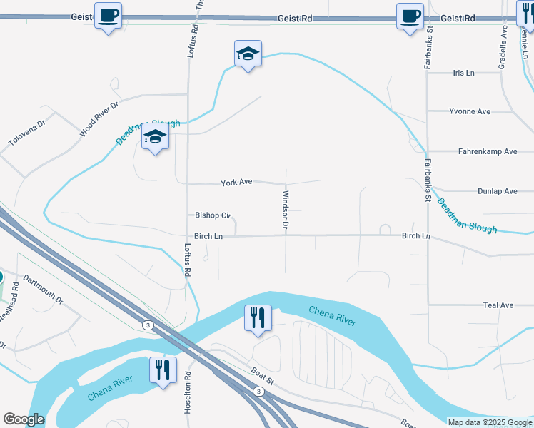 map of restaurants, bars, coffee shops, grocery stores, and more near 4312 Birch Lane in Fairbanks