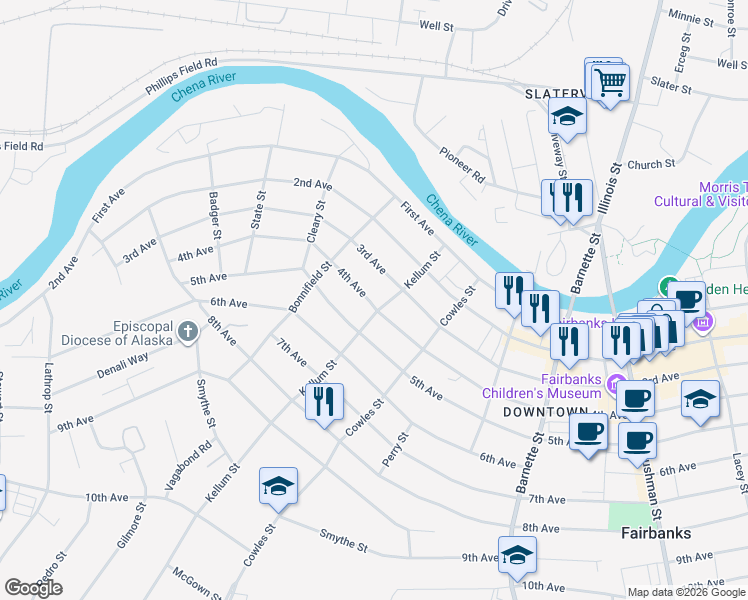 map of restaurants, bars, coffee shops, grocery stores, and more near 1026 3rd Avenue in Fairbanks