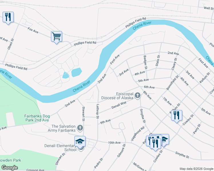 map of restaurants, bars, coffee shops, grocery stores, and more near 1651 2nd Avenue in Fairbanks